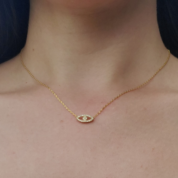 Evil Eye Necklace Gold Diamond Dainty New 925 Sterling Silver Gold Plated - Picture 5 of 6